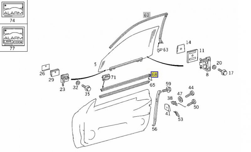 Уплотнитель стекла левый CLK 2000 W208 112.940 3.2L