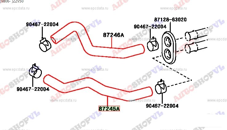 Патрубок радиатора печки TOYOTA VISTA ARDEO ZZV50 1ZZ 87245-32430 контрактная