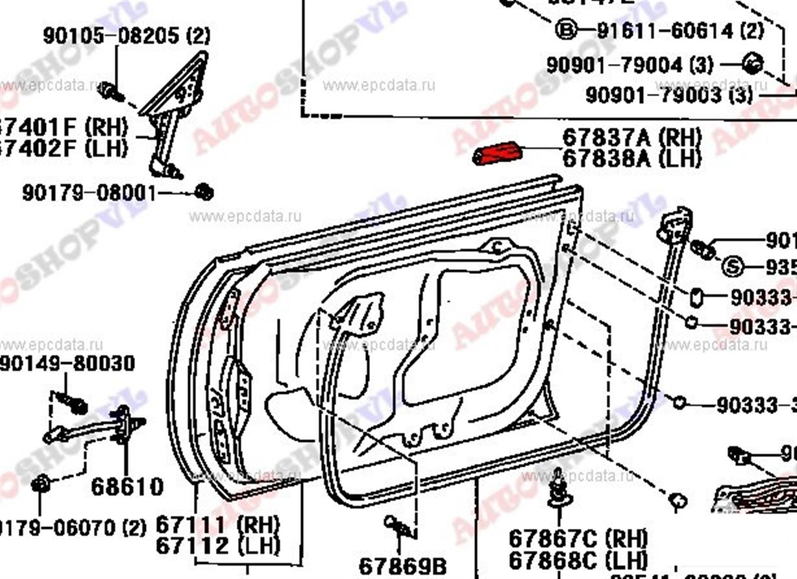 Уплотнительная резинка передняя правая TOYOTA COROLLA CERES AE101 67837-12050 контрактная