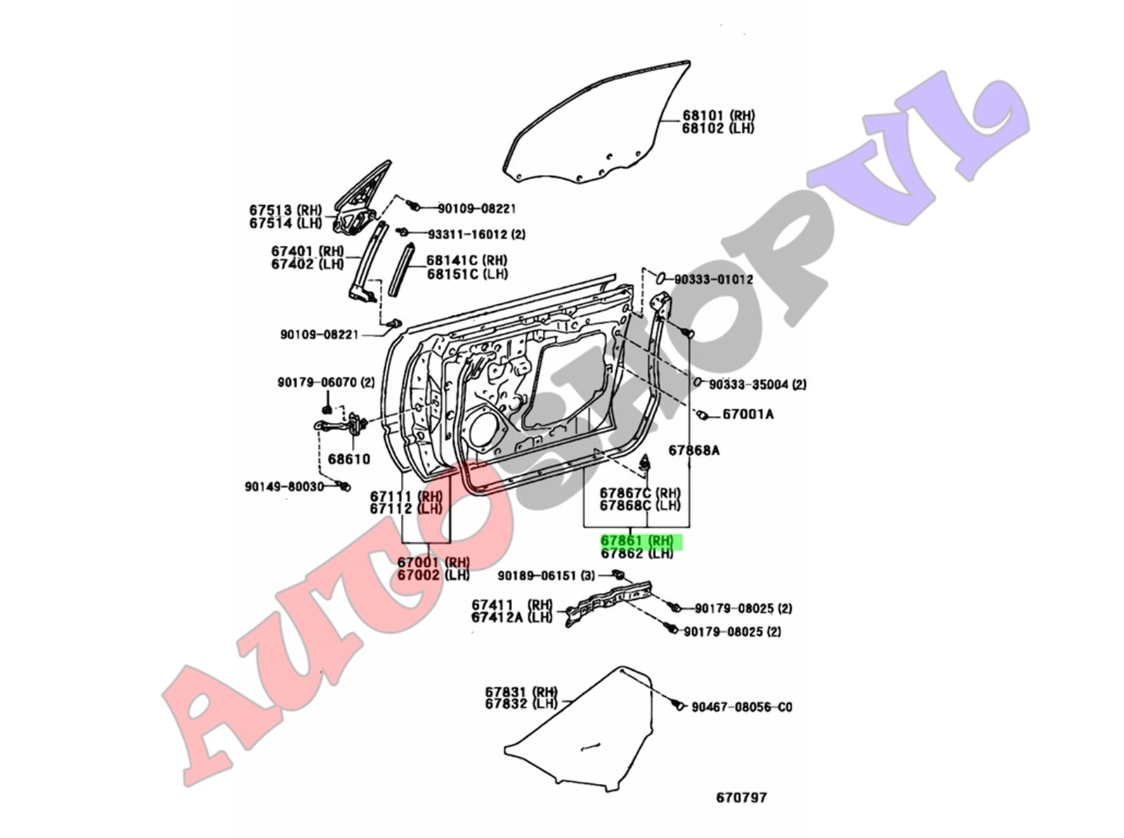 Уплотнение дверное переднее правое TOYOTA VISTA SV40 67861-32160 контрактная