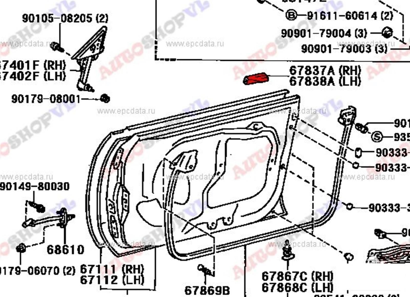 Уплотнительная резинка передняя правая TOYOTA SPRINTER MARINO AE101 67837-12050 контрактная