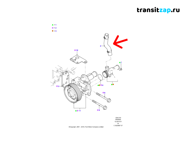 Патрубок системы охлаждения Transit 2006/2014 2.4